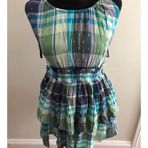 Aerie Blue Green Metallic Plaid Halter Ruffle Mini Dress Small Trendy‎ & Chic - Picture 4 of 9